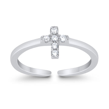 Cross Toe Ring Simulated Cubic Zirconia Adjustable 925 Sterling Silver (6mm)